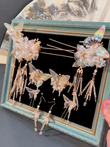 YADORNOS Warna muda mengurangi usia fantasi warna kupu-kupu tassel hairpin anting set-kaca bunga biru rambut aksesoris