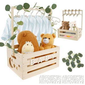Baby Shower Crate Closet Smooth Wood Baby Shower Basket with Portable Handle Large Capacity Baby Storage Crate with 5 Hangers