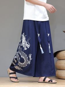 New Chinese Style Mens Summer Wide Leg Pants Ice Silk Loose Fit Dragon Print Hanfu Song Pants Retro Skirt Pants plus Size