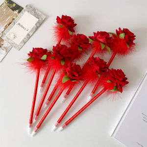 10pcs/set Simulated Rose Shaped Ballpoint Pen Valentines Day Desktop Decoration Supplies Student Writing Supplies Set