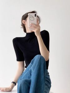 HUOLISI | Black Short Sleeve Stand-Up Collar Knit T-Shirt Thin Base Layer Top