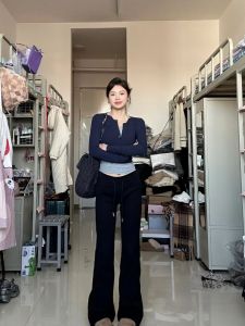 กางเกงโยคะเอวสูงยาวถึงพื้นสำหรับผู้หญิง กางเกงขายาวทรงหลวม ผ้าฝ้ายผสมโพลีเอสเตอร์ ฤดูใบไม้ร่วง/ฤดูหนาว