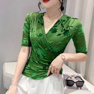 Retro Jacquard V Neck T-shirt Womens Half Sleeve Trendy Mesh Tops 2024 New Arrival Fashion Silm Small Shirt Beautiful T-shirt