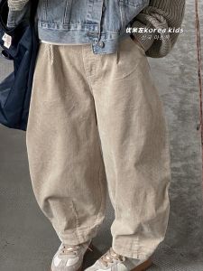 กางเกงเด็กฮาราจูกุ Bora สำหรับเด็กชายและเด็กหญิง ฤดูใบไม้ร่วง 2025 กางเกงขายาวผ้าคอร์ดูรอยสไตล์เกาหลี ทรงหลวม ยาวปานกลาง
