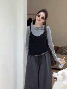 Áo Len Dệt Kim Hở Vai Phong Cách Hàn Quốc Cho Nữ Áo Lót Cổ Tròn Mùa Thu Áo Chui Đầu Màu Trơn Thường Ngày Dài Tay Hai Mảnh