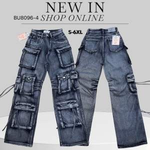 กางเกงยีนส์ทรงกระบอก ดีเทลกระเป๋าคาร์โก้ ทรงหลวมๆ เท่ๆ (S-6XL)