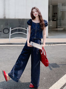 Denim Blue Pure Desire Shoulder Bared Bubble Sleeve Womens Set Summer 2025 New Wide Leg Pants Two Piece Suit Fashionable Outfit