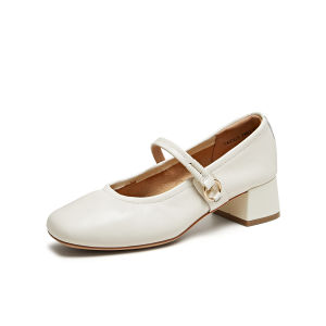 Coarse Heel Mary Jane Casual White Leather Single Shoes