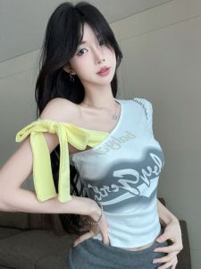 GUZILIAN | Korean Style Versatile Letter Tie Shoulder Short Sleeve T-Shirt Women Summer Slimming Hot Girl Design Short Top Commute Style