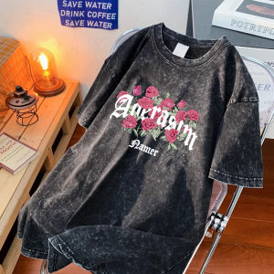 เสื้อยืดแขนสั้นผู้ชายสไตล์อเมริกันย้อนยุค ผ้าฝ้ายแท้ ทรงหลวม ดีไซน์ฤดูร้อน ทรงหลวม สำหรับคู่รัก เสื้อผ้าทำงาน แฟชั่น