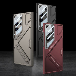 K-Stand S25U S24U S23U Matte Case Phone Cover Slim Mecha Design Samsung Galaxy S25Ultra S24Ultra S23Ultra Casing Camera Lens Protection Anti-Scratch Durable Hard PC Case with Glass