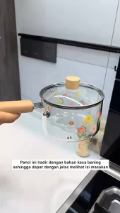 Eatkit Panci Rebus Kaca Borosilicate Gagang Kayu 1000ml Transparan Dengan Tutup Glass Soup Pot