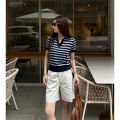 YUEZHONGWEI | Áo thun polo tay ngắn dệt kim lụa băng American Shoulder Color Block Stripes dành cho nữ mùa hè ôm vừa vặn thon gọn. 
