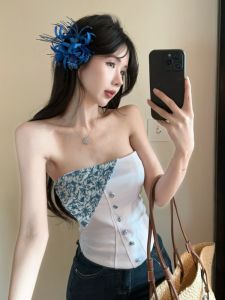 GUZILIAN | French Style Irregular Strapless Vest Womens Inner Wear Beautiful Back Design Slim Fit Base Shirt Outerwear Short Length