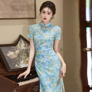 YIJIAHONG | Summer Elegant Fitted Long Chinese Dress Blue