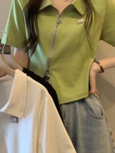 Irregular Zipper Polo Collar Sweet Spicy Short Sleeve T-Shirt Womens Slim Fit Summer Top Mint Green Mysterious Wave Style