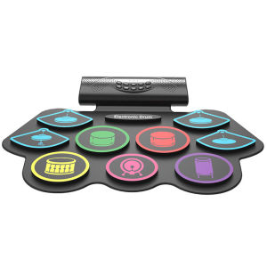 แผ่นฝึกหัดกลองแบบม้วนได้พร้อมไม้กลองและที่เหยียบแผ่นกลองไฟฟ้า BT เซอร์ไพรส์วันเกิดคริสต์มาสสำหรับเด็กและผู้ใหญ่