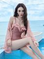 Sexy Gathered Thermal Bath Swimwear Women's Winter Beach Photo High-End Feeling 2024 New Style One-Piece Swimsuit with Coverup. 