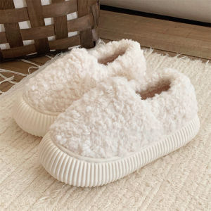 Soft Plush Lamb Fur Casual Bread Shoes Womens Winter Outdoor Warm Anti-Slip Slippers Korean Style round Toe Flat Heel EVA Bottom