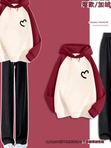 Girls Autumn Winter Fleece Lined Casual Heart Print Hoodie And Pants Set Red Color New Years Fashionable Kids Outfit