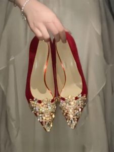 Red Show Heel Bride Shoes Womens 2024 New Chinese Style Pointed Toe High Heels Comfortable Goat Skin Wedding Shoes