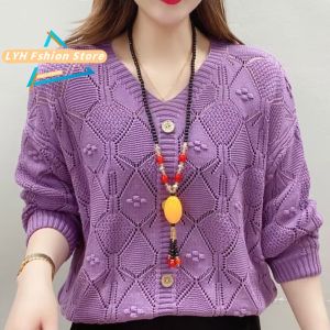 Hollow Long-sleeved Knitted Blouse for Lady V-neck Pullover Sweater New Fashion All-match Loose Top