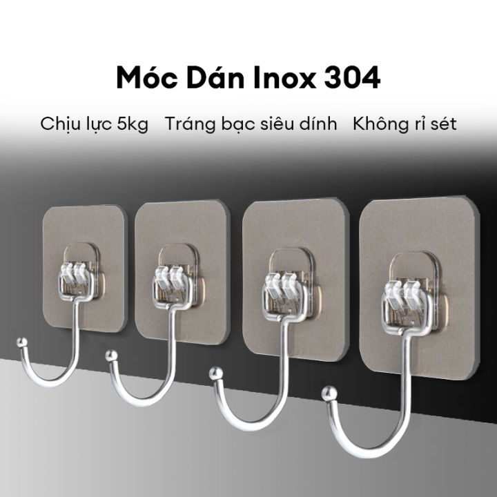 Móc dán tường inox 304 chịu lực 5kg, miếng dán tráng bạc siêu dính, móc ...