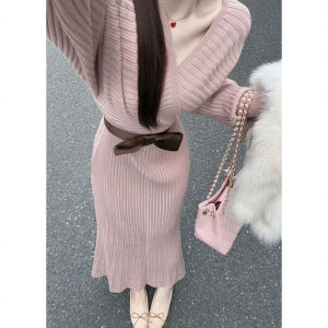 CHANGTONG | French Gentle Style V-neck Knitted Figure-hugging Fishtail Maxi Dress Spring