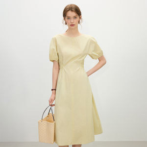 Fansi Lanen Korean Style Bubble Sleeve Dress Womens A-Line Skirt Elastic Waist Summer New Arrival Cotton Blend Midi Dress