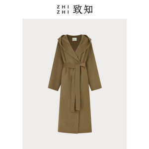 Double-Faced Woolen Coat Zhizhi Penglai Guest Womens Autumn Winter Hooded Jacket Casual High-End Feeling V-Neck Long Sleeve