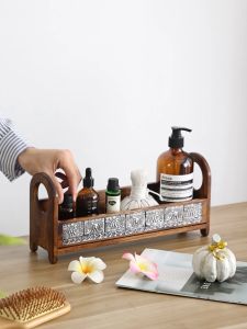 Elegant Teak Bathroom Organizer with Carved Details - Stackable Desktop Storage Rack