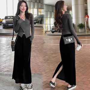 Gold Velvet Split Skirt 2024 Fall and Winter New Arrival Black Long Skirt Silm Slim Looking High Waist Bodycon Dress Mid Length Long Length