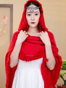 Spring New Fashionable Knitted Tassel Shoulder Shawl Womens Warm All-Match Pure Color Hooded Cloak Pure Color Shawl