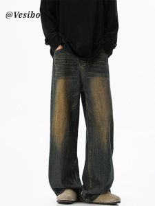 American Style Vintage Faded Mens Jeans Autumn Trendy Loose Yellow Mud Dye Straight Leg Washed Wide Leg Casual Long Pants