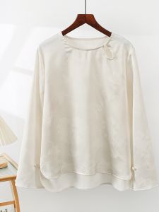 Acetate Satin Floral Embroidery Base Shirt Womens Thin Long Sleeve Versatile Shirt Zen Long Sleeve Top Casual Loose Fit Summer T-shirt