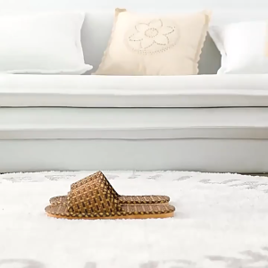 Retro style rattan weave home slippers flat sandals for mens women soft soled rubber flip flops