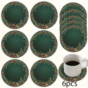 2D Retro Green Christmas Snowball Pine Tree 4in Wooden Coasters Set for Home Office Coffee Table Decor 2026 New Year Party Gift