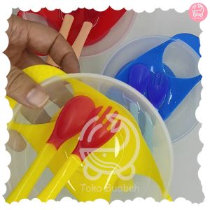 Mai Baby Set Alat Makan Mpasi Bayi Berisi Mangkok Plastik Sendok Garpu Silikon Sensor Panas Pouch