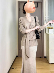 Womens Knitted Sweater Dress Bodycon Midi Skirt Set Sweet Style A-Line Silhouette V-Neck Long Sleeve Polyester Blend Dress