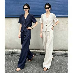 LIANGYILAILIN | Luxurious Laid-back Womens Suit Sleeveless Blazer High-waisted Wide Pants