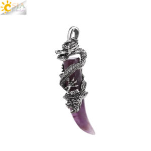 Vintage Man Crystal Necklace Dragon Natural Stone Pink Quartz Obsidian Amethyst Pendant Stainless Steel Necklaces Amulet H181