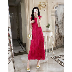 ชุดเดรสยาวคลุมเข่าแขนกุดเอวสูงสไตล์หรูหราพร้อมโบว์ผูกปม ทรงหลวม ทรงเอ เดรสฤดูร้อนสำหรับผู้หญิง