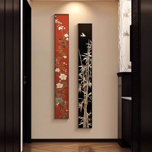 New Chinese Style Vertical Bamboo Entrance Decorative Painting Bird And Flower Red High-End Zen Atmosphere Corridor Background Wall