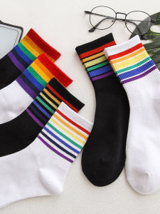 Black Rainbow Matching Shark Pants Sports Spring and Summer Long Cotton Matching Internet Celebrity Striped Socks for Women Tube Trendy Colorful