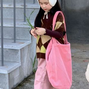 Knitted Sweater Diamond Pattern Loose Casual Style Boys Girls Childrens Knitted Sweater Korean Style round Neck Long Sleeve