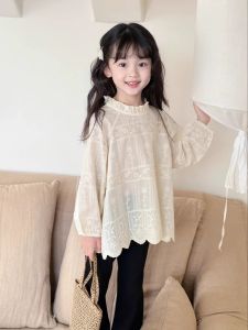 Pure Cotton Embroidered Shirt for Girls Spring Autumn Style Small Stand Collar Childrens Clothing Sweet Style Long Sleeve