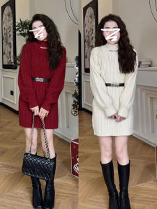 Christmas New Year Red Hollow Long Sleeve Knitted Dress Womens Fashion Winter High Waist Slim Short Skirt Sweet Style Pure Color