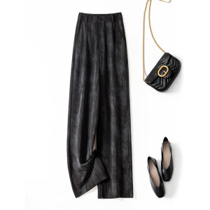 TUOYUN | กางเกงขายาวทรงหลวมเอวสูง ผ้าชีฟองไหมน้ำแข็งสีน้ำเงินเข้ม กางเกงขายาวทรงตรงพิมพ์ลายสำหรับผู้หญิงในช่วงฤดูร้อน 2025