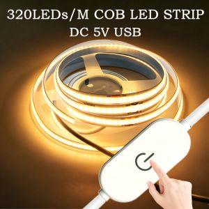 5V USB COB LED Strip 1-5M 320LEDs/M Touch Sensor Dimmable Flexible Tape for Mirror TV Kitchen Room DIY Backlight Decor Lighting