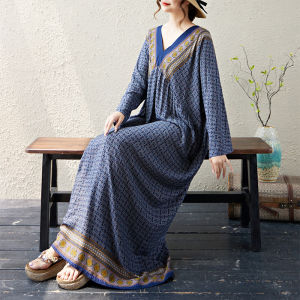 ชุดเดรสยาวแขนยาวคอวีทรงหลวมสไตล์ฝรั่งเศสสำหรับผู้หญิงไซส์ใหญ่ ชุดเดรสยาวทรงตรงทรงหลวมสไตล์ลำลอง